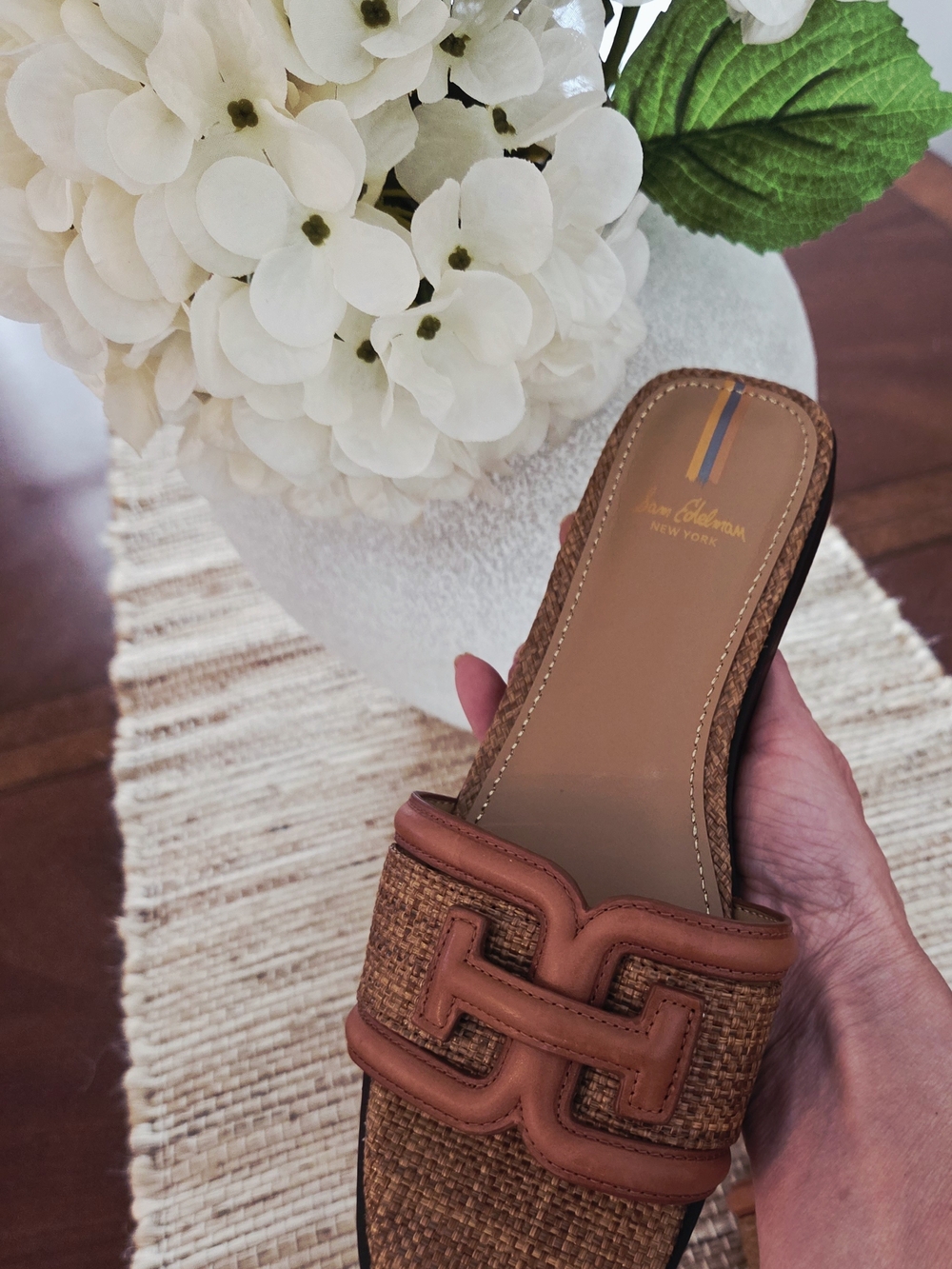 SAM EDELMAN Woven Tan Slide Sandals with Leather Trim - Picture 3 of 4